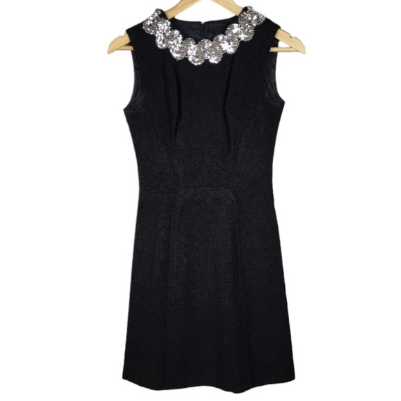 Vintage Leumann Italian Made Crepe Fit and Flare Dress Black Sequin Collar - Picture 1 of 14